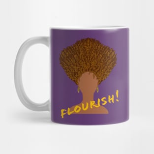Flourish! Natural Hair Upward Curly Afro with Gold Earrings and Gold Lettering (Purple Background) Mug